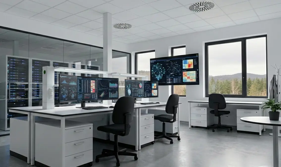 Nowoczesne laboratorium bioinformatyczne ze stanowiskami komputerowymi, ekranami danych i serwerownią w tle.