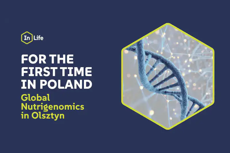 Banner: For the first time in Poland. World nutrigenomics in Olsztyn – graphic of DNA helix.