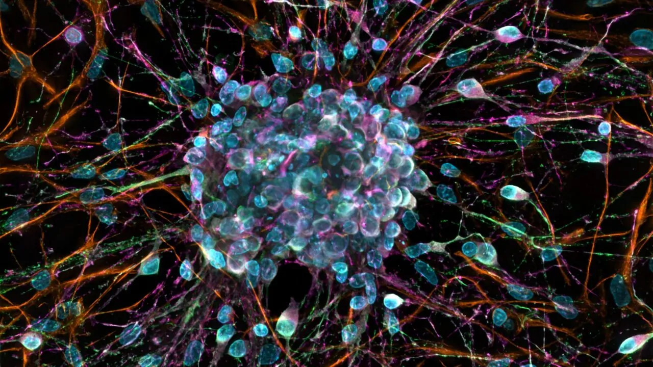Microscopic image of rat cerebral cortex neural cells in an in vitro culture with neurites.